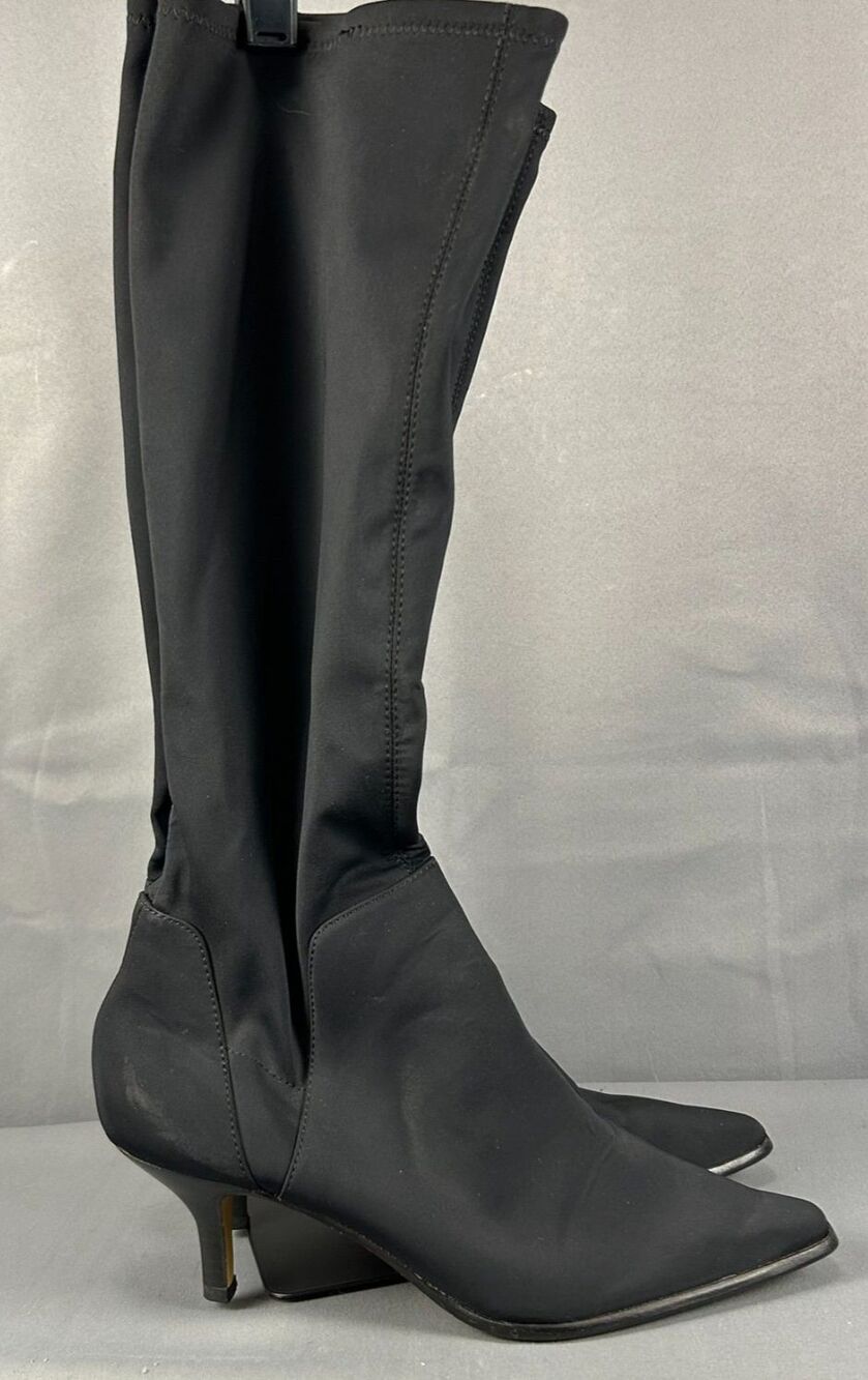 Donald J Pliner Black Stretch Fabric Knee High Boots Womens 8M Pointed Kitten